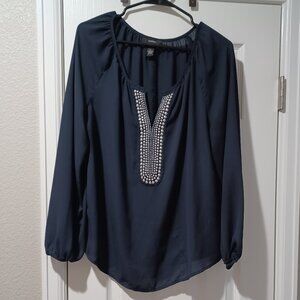 Navy blouse with silver metal accents